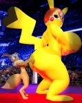  2019 3d_(artwork) :3 anthro anthrofied audience breast_expansion breasts butt_expansion cosplay_pikachu crowd digital_media_(artwork) eevee group growth hand_on_butt hi_res macro micro nintendo pikachu pikachu_libre pok&eacute;mon pok&eacute;mon_(species) rareraven smile surprise video_games watermark wrestling 