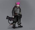  2019 ambiguous_gender anthro brown_eyes clothed clothing digital_media_(artwork) grey_background hair holding_object holding_weapon mammal murid murine pink_hair rat rodent simple_background solo standing themefinland weapon 