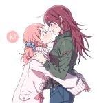  2girls bang_dream! bangs blue_eyes blue_scrunchie blush denim eye_contact face-to-face from_side green_eyes green_jacket hair_ornament hair_scrunchie hands_on_another&#039;s_shoulders hug jacket jeans long_hair long_sleeves looking_at_another multiple_girls open_mouth pants pink_hair pink_ribbon re_ghotion red_hair ribbon scrunchie simple_background sweatdrop sweater twintails udagawa_tomoe uehara_himari white_background white_sweater yuri 