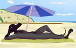  2019 4_fingers anthro beach boardwalk cloud dune grey_skin hi_res invalid_tag lizard looking_at_viewer lying male nintendo parasol pheanir pink_eyes pok&eacute;mon pok&eacute;mon_(species) red_skin reptile salandit sand scalie sea seaside smile solo towel video_games water 