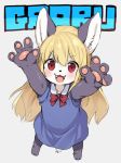  anthro black_fur blonde_hair blue_clothing blue_dress bow_tie clothing cute_fangs domestic_cat dress english_text felid feline felis female fur gaoru_(character) hair kemono kishibe long_hair looking_at_viewer mammal open_mouth pawpads red_eyes simple_background solo standing text white_background young 