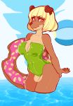  anthro bare_shoulders blonde_hair blue_sky breasts brown_fur canid canine chide cleavage clothed clothing day doughnut eyebrow_through_hair eyebrows female food front_view fur green_clothing green_swimwear hair hi_res looking_at_viewer mammal orange_eyes partially_submerged sky solo swimwear tan_fur three-quarter_view translucent translucent_hair water 