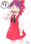  1girl ? bow cat_girl commentary_request cropped_legs dress gegege_no_kitarou hair_bow looking_at_viewer mizu_kane mouth_pull nekomusume open_mouth pointy_ears purple_hair red_bow red_dress sharp_teeth short_hair solo spoken_question_mark teeth yellow_eyes 