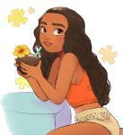  1girl bare_arms bare_legs bare_shoulders breasts brown_eyes brown_hair coconut contemporary curly_hair dark_skin disney drinking_straw elbow_rest eyelashes fingernails floral_background flower food fruit fruit_cup hibiscus holding holding_food holding_fruit light_smile long_hair looking_away medium_breasts midriff moana_(movie) moana_waialiki orange_flower orange_tank_top pano_(mohayayamai) parted_lips shorts sideboob simple_background solo table tank_top teeth thick_thighs thighs tongue upper_teeth white_background yellow_flower 