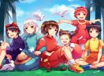  arrietty bird black_hair blue_eyes brown_hair child commentary_request company_connection crossover dress everyone flower gake_no_ue_no_ponyo hairband happy highres howl_no_ugoku_shiro karigurashi_no_arrietty kiki kusakabe_mei kusakabe_satsuki long_hair majo_no_takkyuubin multiple_girls no_socks ogino_chihiro ponyo ponytail red_hair sen_to_chihiro_no_kamikakushi shirajira_(pixiv7181724) short_hair skirt sky smile sophie_hatter studio_ghibli tied_hair tonari_no_totoro twintails white_bird white_hair 