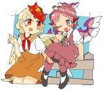  2girls bird bird_wings blonde_hair blush_stickers brown_dress brown_eyes commentary_request dress feathered_wings fence fingernails green_nails hair_ornament ini_(inunabe00) long_fingernails multicolored_hair multiple_girls mystia_lorelei niwatari_kutaka no_nose one_eye_closed open_mouth pink_hair puffy_short_sleeves puffy_sleeves red_eyes red_hair sailor_collar sharp_fingernails short_hair short_sleeves sitting sitting_on_fence smile touhou trait_connection two-tone_hair wings wooden_fence 