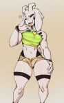  anthro asriel_dreemurr asriel_dreemurr_(god_form) avante92 boss_monster bottomwear bovid bulge caprine clothing crop_top fur hand_on_thigh hi_res horn jewelry looking_at_viewer male mammal necklace open_mouth shirt shorts simple_background topwear unbuttoned undertale video_games white_fur 