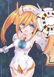  1girl :d absurdres armpits bare_shoulders blue_eyes blush breasts commentary_request covered_navel cowboy_shot elbow_gloves gloves hand_up happy highres looking_at_viewer medium_breasts naoya12580118 neptune_(series) open_mouth orange_hair orange_heart power_symbol shield shin_jigen_game_neptune_vii skin_tight smile solo symbol-shaped_pupils twintails wings 