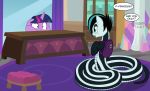  2019 absurd_res backpack badumsquish black_eyeshadow black_hair blue_eyes blue_hair desk dialogue english_text equid equine eyeshadow fan_character fangs female friendship_is_magic goth hair hi_res horn horse lamia makeup mammal my_little_pony pony reptile scalie scared slit_pupils snake text twilight_sparkle_(mlp) unicorn 