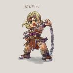  1boy armor belt blonde_hair blue_eyes castlevania chibi gloves headband highres ia_takame long_hair looking_at_viewer male_focus muscle open_mouth short_hair simon_belmondo simple_background smile solo super_smash_bros. translation_request weapon whip 