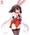  1girl adapted_costume alternate_costume animal_ears arm_warmers artist_logo bare_shoulders black_gloves black_hair bow bowtie breasts brown_eyes brown_hair brown_legwear bunny_ears bunny_girl bunny_tail bunnysuit cameltoe carrot cleavage commentary_request covered_navel cowboy_shot dated detached_collar elbow_gloves fingerless_gloves fishnet_legwear fishnets food_in_mouth gloves hair_ornament highres index_finger_raised kanon_(kurogane_knights) kantai_collection leotard looking_at_viewer mouth_hold orange_leotard pantyhose red_leotard remodel_(kantai_collection) scarf sendai_(kantai_collection) simple_background small_breasts solo standing strapless strapless_leotard tail thighhighs two_side_up white_background white_scarf wrist_cuffs 