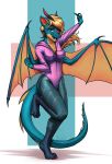  2019 5_fingers absurd_res anthro barefoot blonde_hair blue_eyes breasts clothed clothing digital_media_(artwork) dragon female fur furred_dragon hair hi_res horn membranous_wings mykegreywolf non-mammal_breasts open_mouth smile solo standing teeth tongue wings 