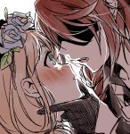  2girls bang_dream! bangs black_gloves blue_flower blue_rose blush braid chin_grab eyepatch face-to-face flower gloves green_eyes half_gloves hand_on_another&#039;s_chin head_wreath long_hair multiple_girls pink_hair re_ghotion red_hair rose udagawa_tomoe uehara_himari yuri 