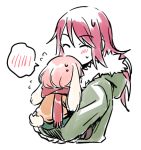  2girls ^_^ animal_ears bang_dream! bangs blush bunny_ears carrying child closed_eyes flying_sweatdrops fur-trimmed_hood green_jacket holding hood hood_down hooded_jacket jacket kemonomimi_mode long_hair lowres multiple_girls pink_hair re_ghotion red_hair red_scarf scarf simple_background sketch spoken_blush sweatdrop time_paradox udagawa_tomoe uehara_himari upper_body white_background younger 