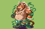  2019 anthro belly bottomwear clothing felid green_background green_eyes hombretigre humanoid_hands low_res male mammal nanadragon4 navel overweight overweight_male pantherine shorts simple_background tiger tokyo_afterschool_summoners video_games 