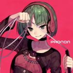  &gt;:) 1girl character_name choker cropped_jacket eyebrows_visible_through_hair green_eyes green_hair headphones parted_lips phonon_(under_night_in-birth) pink_background short_hair smile solo suzunashi under_night_in-birth upper_body v-shaped_eyebrows weapon whip 