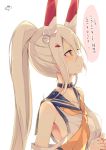  1girl ayanami_(azur_lane) azur_lane bangs bare_shoulders black_choker blue_sailor_collar blush choker closed_mouth collarbone commentary_request crying crying_with_eyes_open eyebrows_visible_through_hair glint grey_hair hair_between_eyes hair_ornament hairclip headgear high_ponytail highres long_hair looking_away muuran orange_eyes ponytail profile remodel_(azur_lane) sailor_collar shirt signature simple_background sleeveless sleeveless_shirt smile solo tears translation_request white_background white_shirt yellow_neckwear 