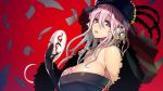  1girl blush breasts cleavage elbow_gloves feather_boa gloves headphones holding holding_mask large_breasts long_hair looking_at_viewer mask mask_removed nitroplus older open_mouth pink_eyes pink_hair skindentation solo super_sonico tsuji_santa veil 
