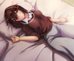  1girl alternate_costume bed bed_sheet blush brown_eyes brown_hair brown_sweater cowboy_shot furutaka_(kantai_collection) futon glowing glowing_eye hair_between_eyes hair_ornament heart heterochromia jewelry kantai_collection looking_at_viewer lying on_back on_bed pillow ring sheet_grab short_hair smile sweater tamukai_takumi wedding_band yellow_eyes 