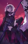  1girl ahoge armor armored_boots black_legwear blonde_hair boots capelet cloak fate_(series) gauntlets headpiece highres jeanne_d&#039;arc_(alter)_(fate) jeanne_d&#039;arc_(fate)_(all) polearm sakino_saku short_hair solo thighhighs thighs weapon yellow_eyes 