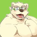  1:1 2019 anthro belly blue_eyes blush eyewear fur glasses green_background hi_res leib_(tas) loneliestbara male mammal moobs overweight overweight_male polar_bear simple_background smoking solo teeth tokyo_afterschool_summoners tongue ursid ursine video_games white_fur 