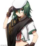  1girl anchor anchor_symbol bangs black_gloves cape closed_mouth eyepatch eyes gloves green_eyes green_hair hair_between_eyes hat highres hip_bones kantai_collection kiso_(kantai_collection) navel red_neckwear remodel_(kantai_collection) sailor_hat school_uniform serafuku short_hair short_sleeves simple_background solo sumoffu twitter_username upper_body white_background 