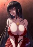  1girl :d ahoge azur_lane bangs bare_shoulders black_hair blush breasts choker cleavage cocktail_dress collarbone dress eyebrows_visible_through_hair hair_between_eyes hair_ornament highres huge_breasts large_breasts leaning_forward light_particles long_hair looking_at_viewer open_mouth red_choker red_dress red_eyes ryou_(pix_gallerio) signature smile solo taihou_(azur_lane) taihou_(forbidden_feast)_(azur_lane) very_long_hair 