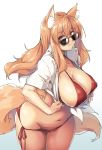  1girl animal_ear_fluff animal_ears bangs bikini bikini_under_clothes blush breasts brown_hair commentary covered_nipples cowboy_shot fate/grand_order fate_(series) fox_ears fox_tail grin groin highres kuronyan large_breasts long_hair looking_at_viewer navel open_clothes open_shirt red_bikini shirt smile solo suzuka_gozen_(fate) swimsuit tail thighs white_shirt yellow_eyes 