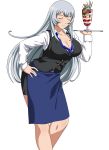  1girl apron black_skirt blue_apron blue_neckwear breasts chouun_shiryuu cleavage closed_eyes collarbone collared_shirt dress_shirt floating_hair hand_on_hip holding holding_plate ikkitousen large_breasts leaning_forward long_hair long_sleeves miniskirt necktie open_clothes open_shirt parfait pencil_skirt plate shiny shiny_hair shirt silver_hair simple_background skirt smile solo standing very_long_hair white_background white_shirt wing_collar 