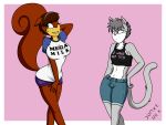  4:3 amber annoyed anthro big_breasts bottomwear breast_size_difference breasts clothing domestic_cat drake-rex duo felid feline felis flat_chested fur green_eyes half-closed_eyes halter_top hi_res mammal mega_milk midriff multicolored_fur navel nervous one_eye_closed purple_eyes rodent sciurid shirt shorts silvia_dandelion simple_background small_breasts sweat sweatdrop topwear two_tone_fur 