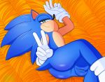  2019 anthro balls bed bedroom_eyes big_balls bubble_butt butt clothing digital_media_(artwork) fur gloves half-closed_eyes hi_res legwear looking_at_viewer lying male mammal nude on_side perineum seductive smile socks solo sonic_(series) sonic_the_hedgehog tweezalton video_games 