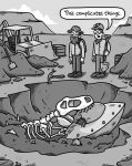  2019 bone clothed clothing day detailed_background digital_media_(artwork) dinosaur dirt english_text greyscale hat headgear headwear human mammal monochrome outside pickaxe reptile scalie shovel space_craft standing text tools unknown_artist 
