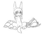  2019 anthro blush clothing cub female flat_chested hat headgear headwear hybrid lagomorph leporid looking_aside made_in_abyss mammal monochrome nanachi narehate nude pussy rabbit simple_background sitting sketch smile solo spread_legs spreading the_giant_hamster white_background young 