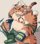  2019 anthro belly blue_eyes bottomwear clothing felid hi_res hombretigre humanoid_hands male mammal moobs navel nipples overweight overweight_male pantherine pomupomu490 shorts simple_background sitting solo sweat tiger tokyo_afterschool_summoners video_games wrestling 