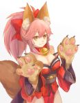  1girl animal_ear_fluff animal_ears bell bell_collar breasts cat_paws cleavage collar collarbone eyebrows_visible_through_hair fangs fate/grand_order fate_(series) fox_ears fox_girl fox_tail gloves hair_ribbon jingle_bell large_breasts long_hair paw_gloves paws pink_hair ponytail red_ribbon ribbon shishima simple_background solo tail tamamo_(fate)_(all) tamamo_cat_(fate) white_background yellow_eyes 