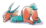  2019 antelope anthro anus ass_up backsack balls bottomless bovid butt clothed clothing erection facial_markings fuel_(artist) fuel_(character) gazelle green_eyes horn looking_at_viewer male mammal markings penis perineum simple_background solo white_background 