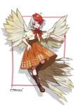  1girl :d animal animal_on_head artist_name bangs bird blush boots brown_footwear chick commentary_request dress drop_shadow eyebrows_visible_through_hair feathered_wings full_body grey_wings hand_on_hip head_tilt highres looking_at_viewer multicolored_hair namauni neck_ribbon niwatari_kutaka on_head open_mouth orange_dress red_eyes red_hair red_neckwear red_ribbon ribbon shirt short_hair signature silver_hair smile solo tail_feathers touhou two-tone_hair white_background white_shirt wings 