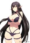  1girl bangs bare_shoulders bikini black_bikini black_hair blush breasts cleavage closed_mouth crossed_arms fate/apocrypha fate_(series) hair_between_eyes halterneck highres large_breasts long_hair looking_at_viewer navel pointy_ears semiramis_(fate) sidelocks simple_background solo swimsuit thigh_strap thighs very_long_hair white_background yellow_eyes zeroshiki_kouichi 