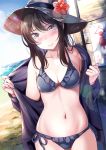  1girl ass_visible_through_thighs bangs bare_shoulders beach bikini black_bikini blue_sky blush breasts brown_eyes brown_hair cleavage closed_mouth collarbone commentary_request cowboy_shot day eyebrows_visible_through_hair flower frilled_bikini frills hair_between_eyes hat hat_flower jacket long_hair looking_at_viewer medium_breasts navel ocean original outdoors pout sand side-tie_bikini sky solo standing sunlight swimsuit swimsuit_under_clothes tearing_up tipii undressing 