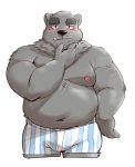  2019 absurd_res anthro belly black_fur black_nose blush clothing cute_fangs fur hi_res hugo_(jumperbear) humanoid_hands jumperbear male mammal moobs navel nipples overweight overweight_male simple_background solo underwear ursid white_background 