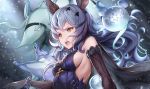  1girl animal_ears bare_shoulders black_cape black_gloves blue_hair breasts cape curly_hair dress elbow_gloves erune feather-trimmed_gloves ferry_(granblue_fantasy) floating_hair ghost gloves granblue_fantasy hair_ornament highres long_hair looking_to_the_side medium_breasts ohihil open_mouth sideboob sleeveless sleeveless_dress upper_body upper_teeth very_long_hair x_hair_ornament yellow_eyes 
