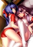  2girls all_fours bed blue_eyes blue_hair buruma clannad commentary_request company_connection crossover dutch_angle fujibayashi_kyou gym_uniform hair_intakes hair_ribbon highres kanon key_(company) long_hair looking_at_viewer lying minase_nayuki multiple_girls parted_lips ponytail purple_eyes purple_hair raglan_sleeves red_buruma red_ribbon ribbon shirt shoes thighhighs uwabaki vaulting_horse white_legwear white_shirt zen 