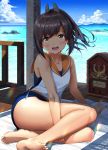  1girl :d ass bangs bare_shoulders barefoot beach blue_sky blush breasts brown_eyes brown_hair cloud collarbone commentary_request day eyebrows_visible_through_hair hair_between_eyes hair_ornament hairclip highres i-401_(kantai_collection) ichikawa_feesu kantai_collection long_hair looking_at_viewer name_tag ocean one-piece_swimsuit open_mouth outdoors ponytail revision sailor_collar school_swimsuit school_uniform serafuku shade short_ponytail sitting sky small_breasts smile solo swimsuit swimsuit_under_clothes tan tanline thighs yokozuwari 