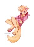  2019 ailuranthropy anthro barefoot canid canine canis clothed clothing digital_media_(artwork) domestic_dog feral fur hoodies mammal red_eyes simple_background smile solo tan_fur white_background yellow_fur 