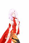  1girl absurdres bodysuit breasts breasts_apart cleavage fingerless_gloves gloves guilty_crown hair_between_eyes highres long_hair medium_breasts navel purple_hair red_eyes sidelocks solo thighhighs white_background yuzuriha_(pixiv_14248010) yuzuriha_inori 