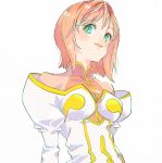  1girl aqua_eyes bangs breasts bright_pupils chromatic_aberration estellise_sidos_heurassein eyebrows_visible_through_hair juliet_sleeves long_sleeves medium_breasts open_mouth orange_hair puffy_sleeves shiomi_(lowrise) simple_background smile solo tales_of_(series) tales_of_vesperia upper_body white_background white_pupils 