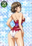  1girl ass bangs blunt_bangs blush breasts brown_eyes brown_hair chouhi_ekitoku cowboy_shot embarrassed from_behind hand_on_hip highres ikkitousen large_breasts leaning_forward looking_at_viewer panties shiny shiny_hair shiny_skin short_hair shoulder_blades sideboob solo sparkle standing strapless torn_clothes underwear white_panties 
