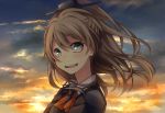  1girl aqua_eyes ascot bangs blazer blush brown_hair cloud eyebrows_visible_through_hair eyelashes hair_between_eyes headgear high_ponytail highres jacket kantai_collection kumano_(kantai_collection) long_hair open_mouth orange_neckwear ponytail school_uniform sky smile solo sumoffu teeth twilight upper_body 