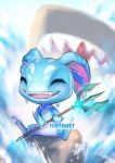  3_toes 4_fingers ambiguous_gender eyes_closed fangs fish fizz_(lol) justduet league_of_legends marine melee_weapon pink_tongue polearm riot_games shark sharp_teeth smile solo_focus teeth toes tongue trident video_games weapon 