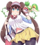  1girl :o bag bangs black_legwear blue_eyes blush breasts brown_eyes double_bun gen_5_pokemon hair_between_eyes hasu_(hk_works) holding holding_poke_ball impossible_clothes impossible_shirt large_breasts long_hair long_sleeves mei_(pokemon) navel pantyhose plant poke_ball poke_ball_print pokemon pokemon_(creature) pokemon_(game) pokemon_bw2 raglan_sleeves shiny shiny_clothes shiny_hair shirt shoulder_bag skirt snivy twintails very_long_hair vines visor_cap watch wristwatch yellow_skirt 